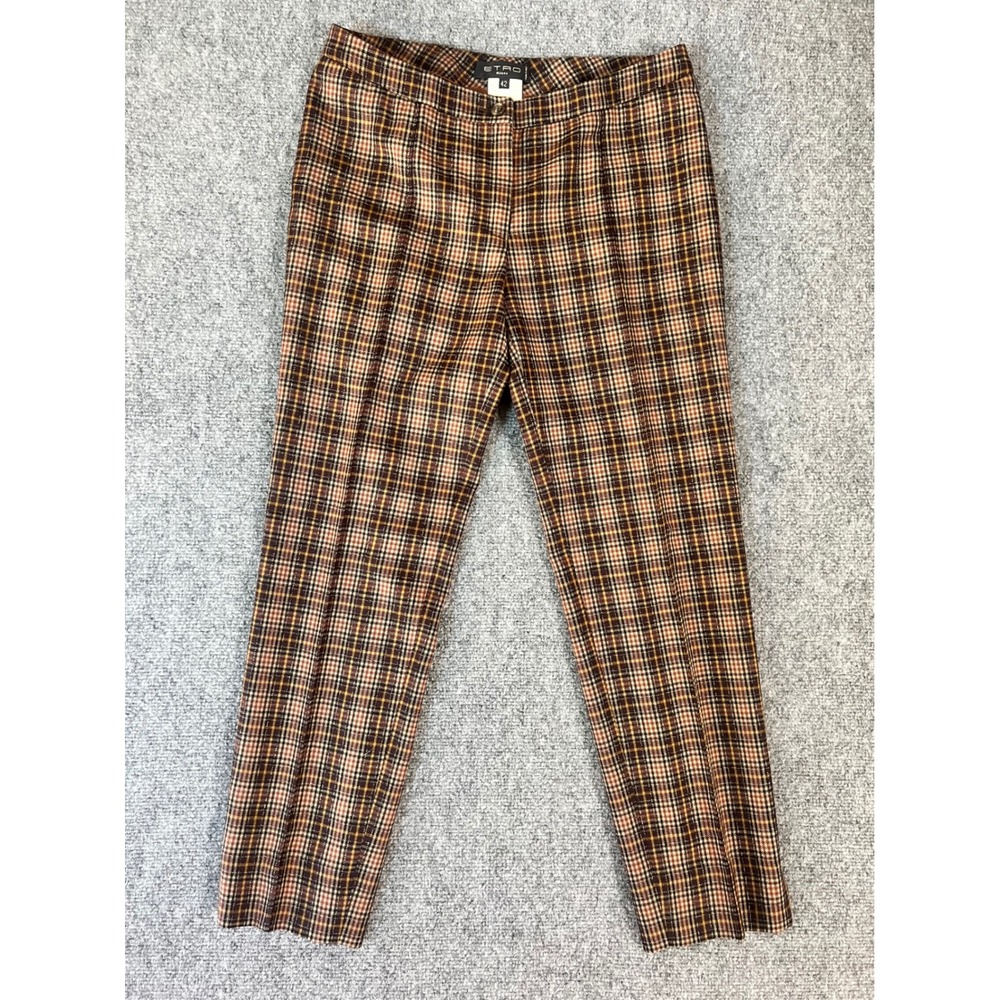 Etro Milano Brown Orange Plaid‎ Wool Blend Straight Leg Pants Made in Italy 42